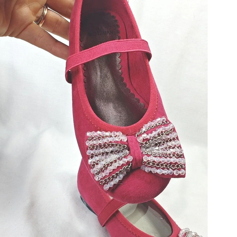 Stuart Weitzman Bella Strap Flats Fuchsia Pink Beaded Bow Mary Jane 9 Kids New